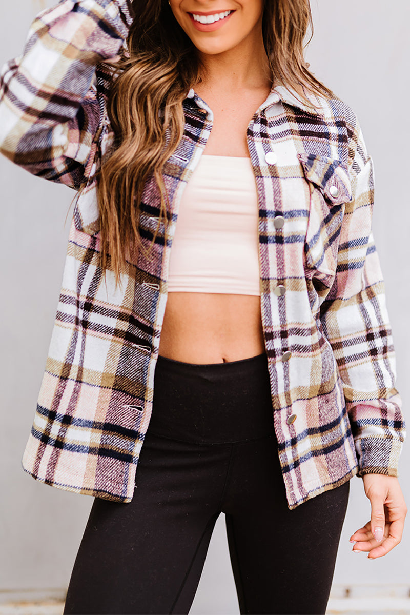 Blue Geometric Plaid Print Pocketed Shacket