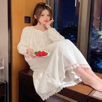 Long-Sleeved Princess Style Nightgown Loose Large Size Can Be Worn Outside the Home Wear Summer Women's Pajamas Lace White Korea