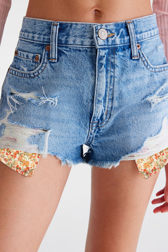 Sky Blue Floral Knit Insert Distressed Raw Hem Denim Shorts