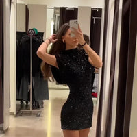 2024 New Fashion Sequin Mini Dress for Women Elegant O-Neck Fly Sleeve Shiny Short Dress Female Chic Club Evening Party Vestidos