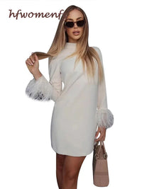 White Feather Party Short Dress Women Patchwork Long Sleeve Zipper Dresses Female 2024 Elegant Fashion Cocktail A-line Lady Robe