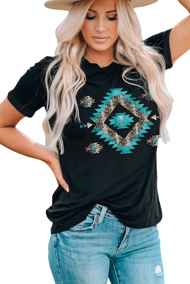 Black Western Aztec Printed Crewneck Graphic Tee