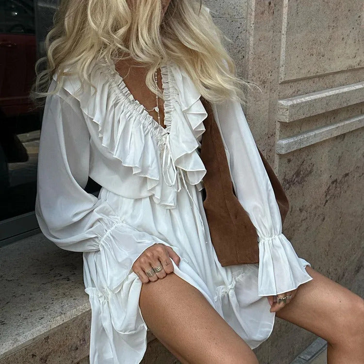 Ruffled V-Neck White Mini Dresses Female Patchwork Long Sleeve Elegant Bandage Fashion Dress High Waist Lace-Up Women's Vestidos