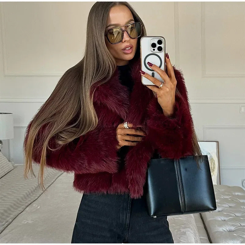 Fashion Burgundy Red Fluffy Faux Fur Short Coats Women Solid Lapel Full Sleeve Warm Jacket Winter New Chic High Street Outerwear