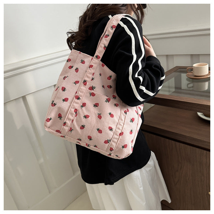 Corduroy Handbag Strawberries Beach Bag Fashionable Versatile Shoulder Bag LargeCapacity Simple Commuter Women's Tote Bag Bolsos