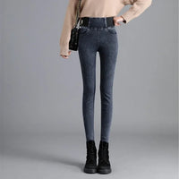 High-Waisted Women's Fleece-Lined Plus Size Jeans Elastic Waist Slimming Trousers Smooth Your Silhouette Autumn/Winter