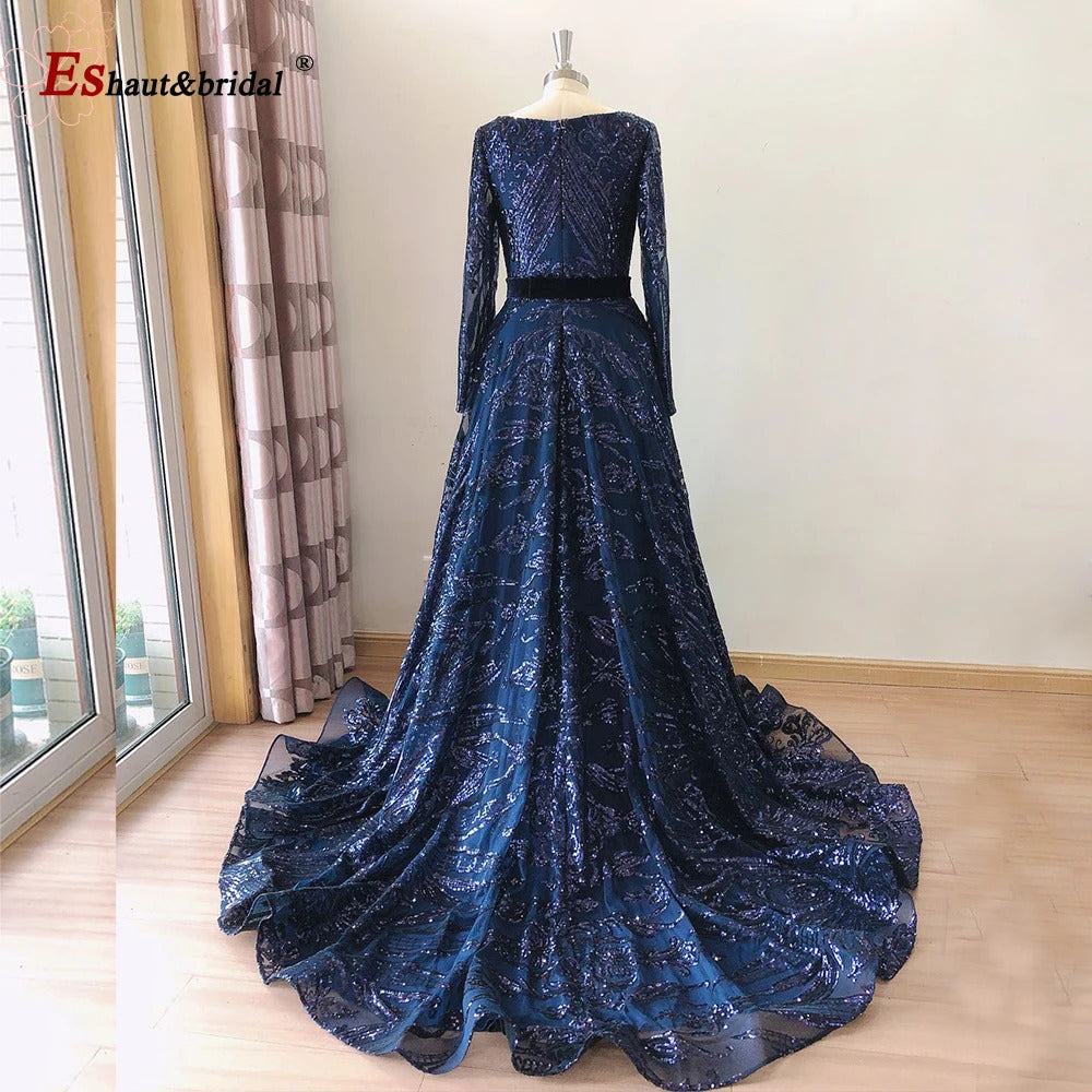 Dubai A-Line Luxury Wedding Evening Dress for Women Muslim 2024 Long Sleeves Sequin Plus Size Formal Prom Party Gown Customized