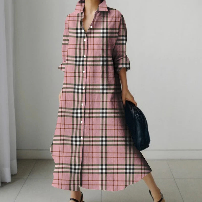 Plaid 3D Printed Shirt Long Dress Spring Summer Casual Long Dress Elegant Retro Collar Buttoned Shirt Dress Beach Cover-ups