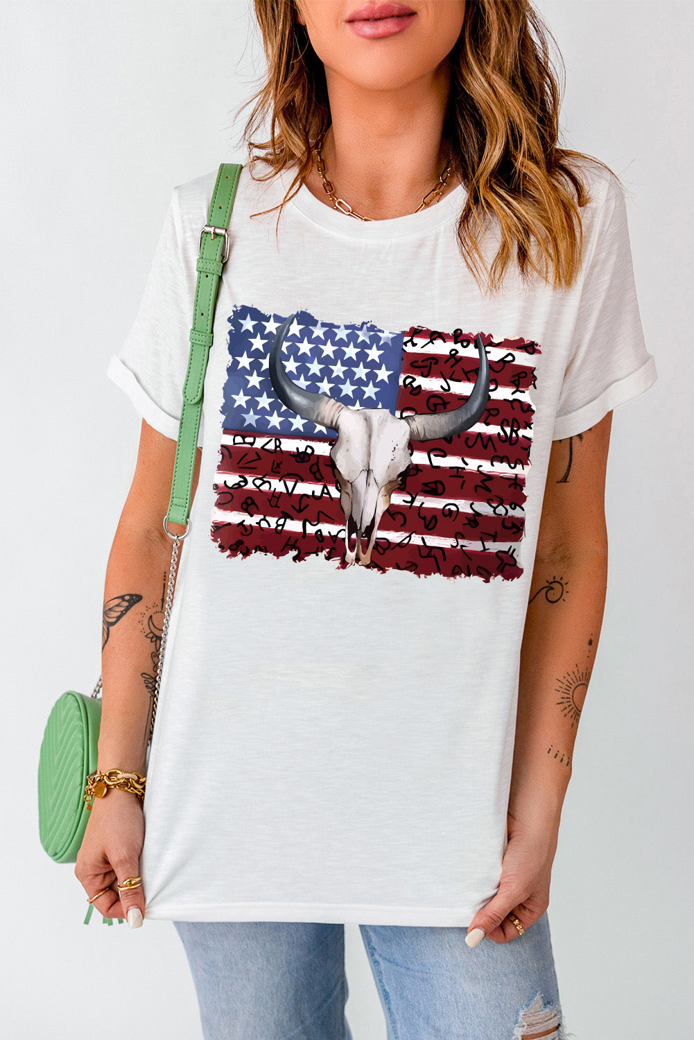 White Bull Skull American Flag Graphic Tee