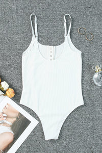 White Ribbed Knit Button Notch Adjustable Straps Bodysuit