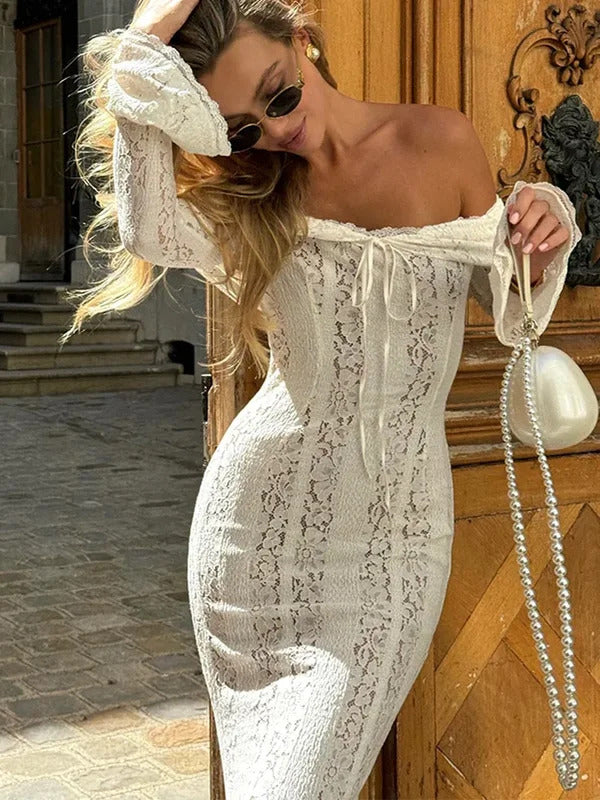 Hollow Out Lace Backless Slim Long Dress Women Strapless Lace Up Off Shoulder Dresses Chic 2025 New Sexy Female Party Club Robes