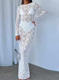 Sexy See-through Lace Flower Embroidery Slim Bodycon Long Dress Women Long Sleeved Maxi Dress Evening Club Party Vestidos