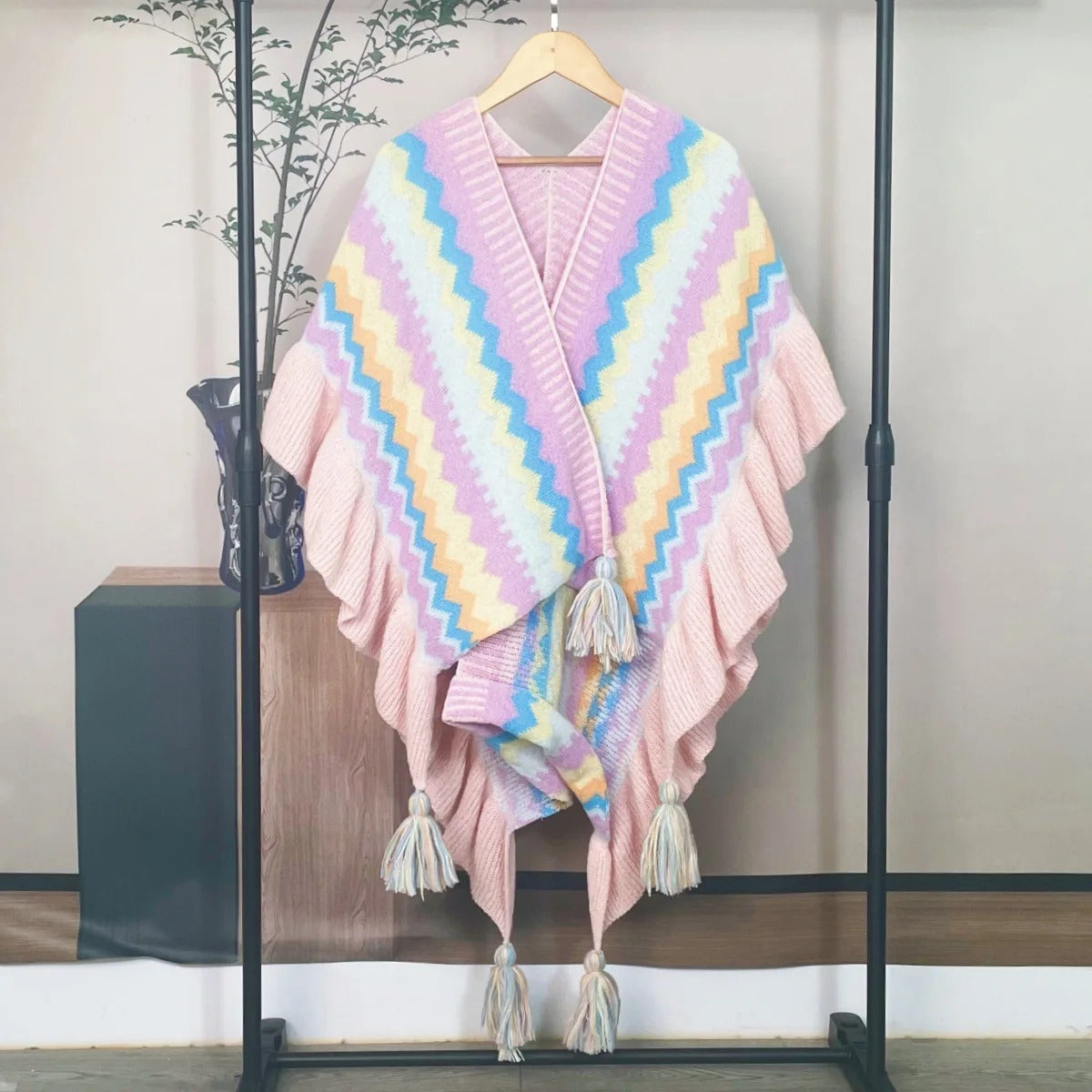 Women Ethnic Style Poncho Capes Ladies Fashion Stripe Colorful Knit Oversized Poncho Wrap Fringed Shawl Bohemian