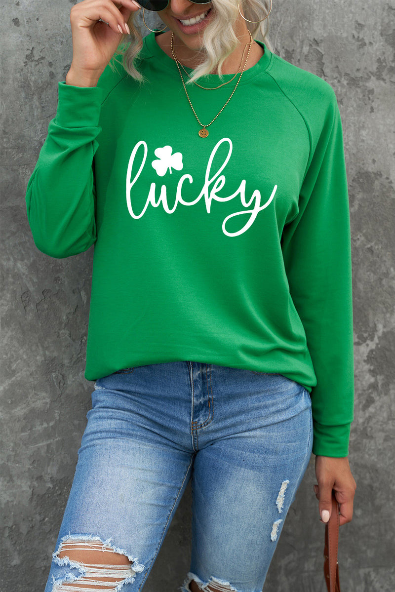 Green St. Patrick's Day Lucky Clover Print Graphic Sweatshirt