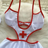 Dropped Waist Women's Sexy Sweet Nurse Cosplay Uniform Lingerie Set Revealing Neckline Lace Trimmed Nightgown Costume Dresses