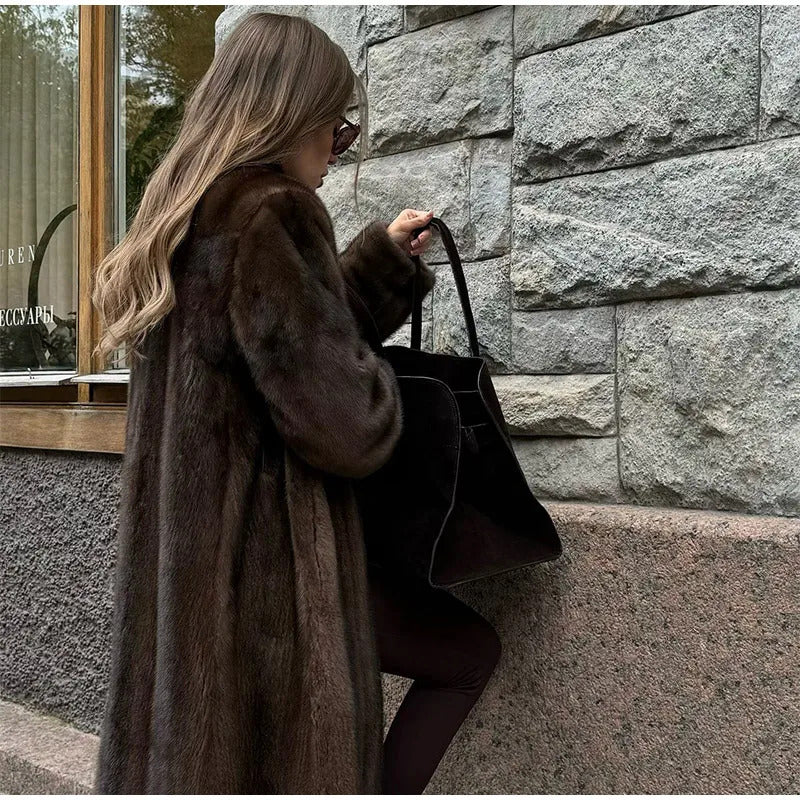 Dark Brown Faux Fur Long Overcoat For Women Fashion Lapel Single Breasted Loose Fluffy Plush Warm Coat Winter Thicken Outerwear