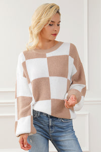 Checkered Ribbed Knit Puff Sleeve Sweater