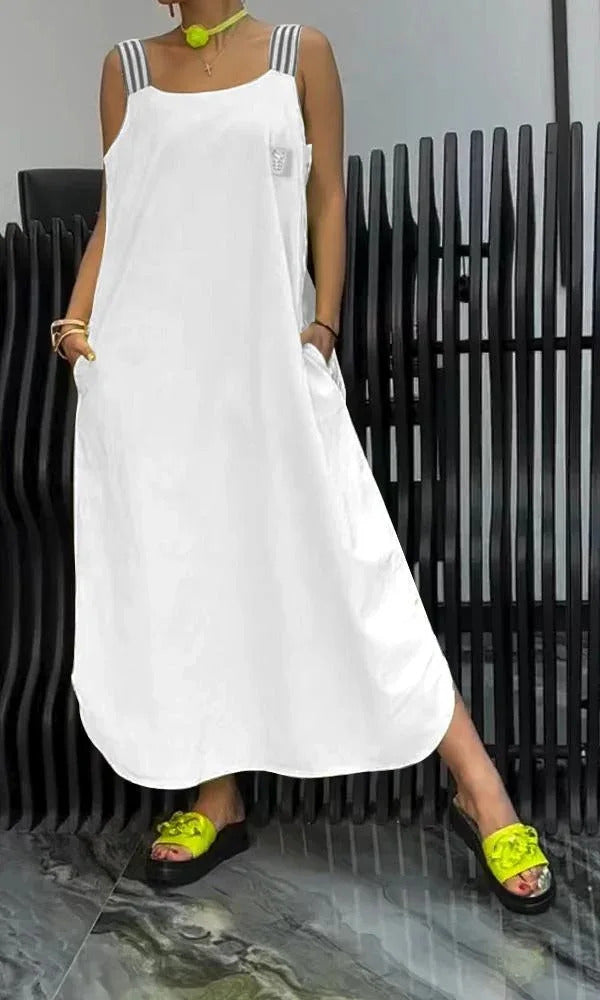 Summer Fashion Solid Cotton Linen Dresses Women Sexy Square Neck Sleeveless Suspender Slit Long Dress Casual Loose Dress Woman