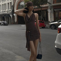 Xeemilo Harajuku Low-cut Backless Mini Dress Vintage Brown Ring Bandage Pleated Slim Dresses 2023 Summer Party Street Vestidos