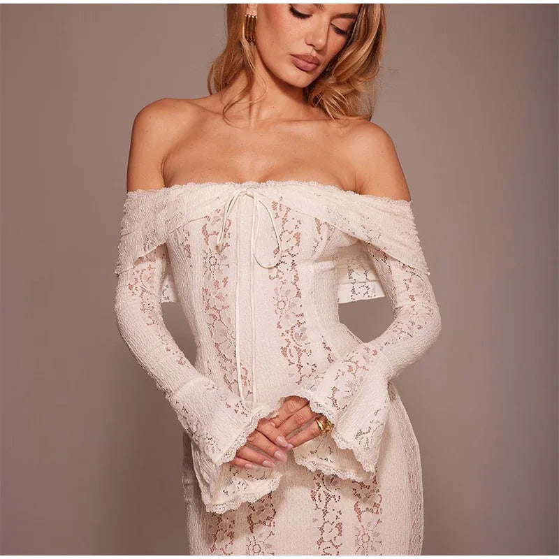 White Floral Lace Off-shoulder Maxi Dress For Women Elegant Strapless Backless Long Sleeve Bodycon Robes 2024 Lady Party Dresses