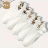 5/10/20 Pairs Women Cartoon Teddy Bear Patterned Ankle Socks Versatile Fashionable Creative Breathable Comfortable Casual Socks