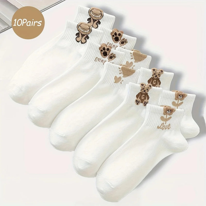 5/10/20 Pairs Women Cartoon Teddy Bear Patterned Ankle Socks Versatile Fashionable Creative Breathable Comfortable Casual Socks