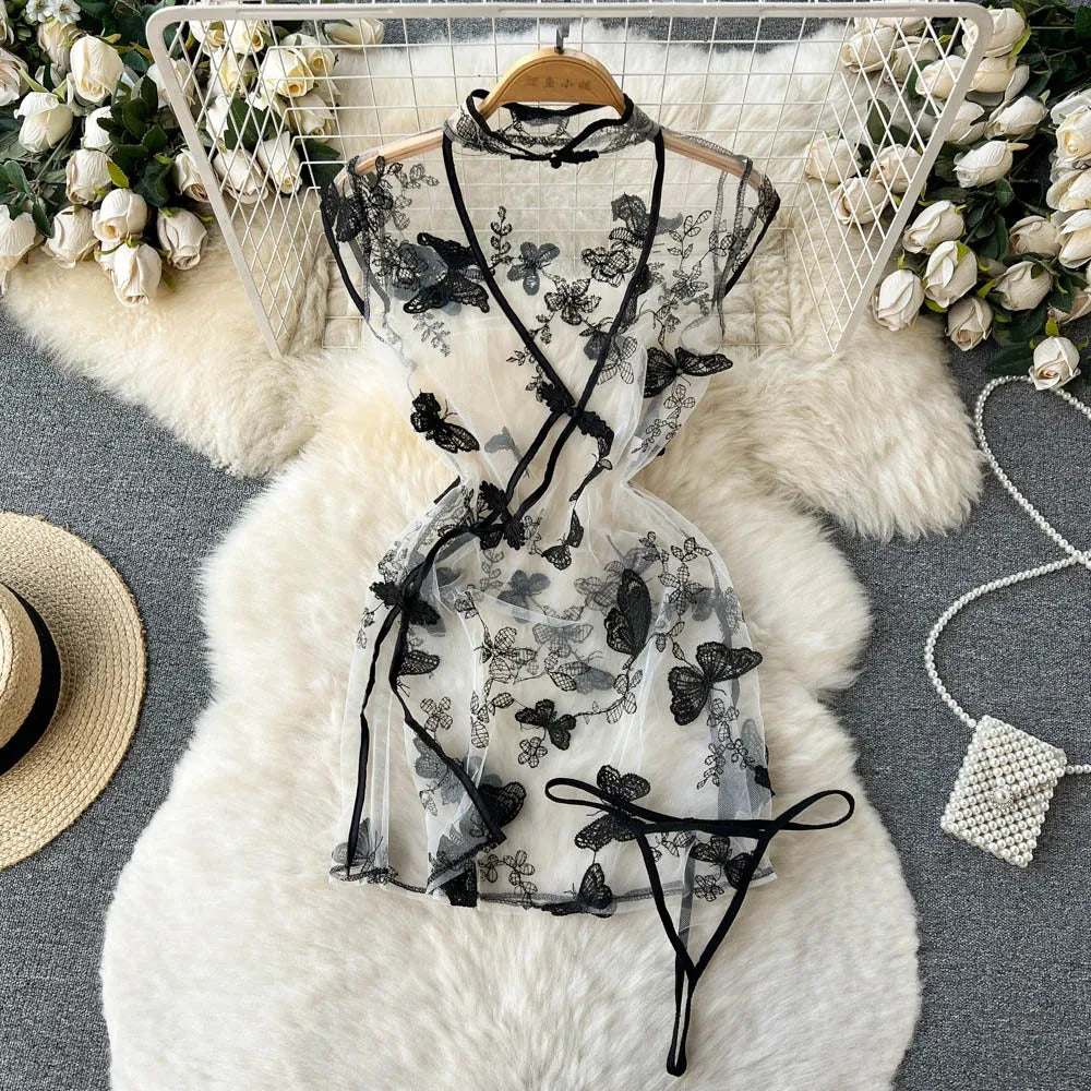 Hot Sexy V-Neck Cross Strap Dress Lace Patchwork Irregular Pleated Nightwear Women's Erotic Lingerie Backless Sleeveless Pajamas