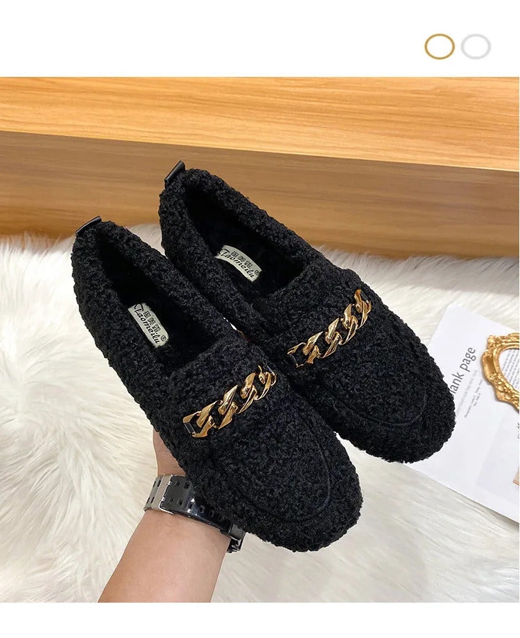 Luxury Sheep Fur Lined Loafers Women Lambswool Shoes Ladies Winter Slip On Furry Flats Cotton Wool Mocasine Femme Barefoot Boots