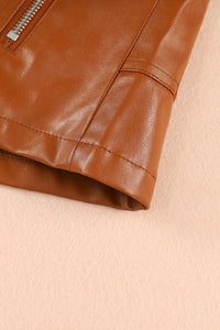 Brown Ribbed Seam Detail Faux Leather Zipped Motorcycle Jacket