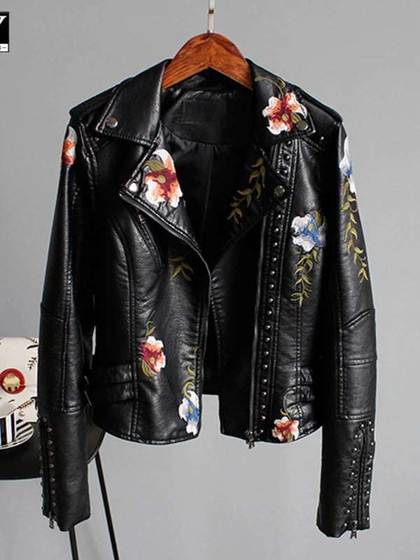 Ly Varey Lin Floral Print Embroidery Faux Soft Leather Jacket Women Pu Motorcycle Coat Female Black Punk Zipper Rivet Outerwear