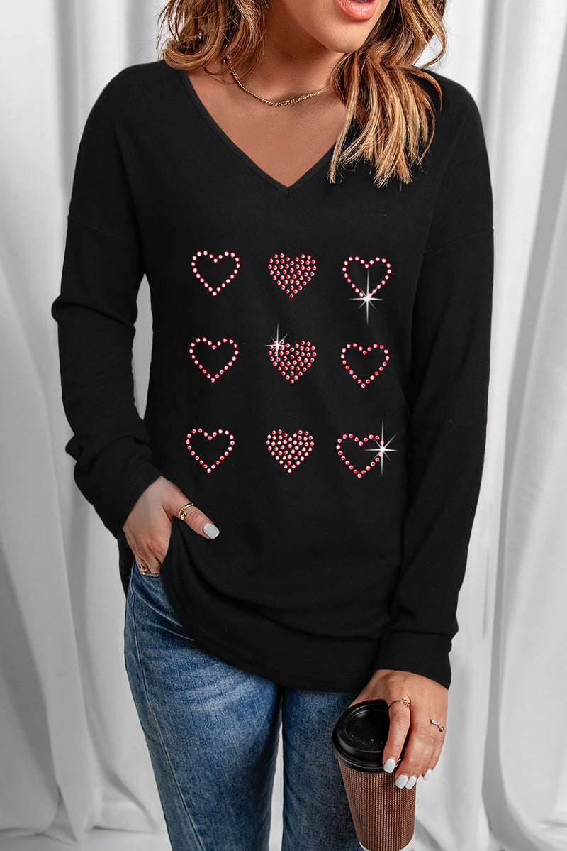 Black Valentines Day Rhinestone Heart Graphic Long Sleeve Tee