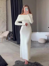 Tossy Fashion Knit Long Dress Off-Shoulder Female Ribbed Loose High Waist Elegant Autumn Party Dress Ladies Knitwear Maxi Dress