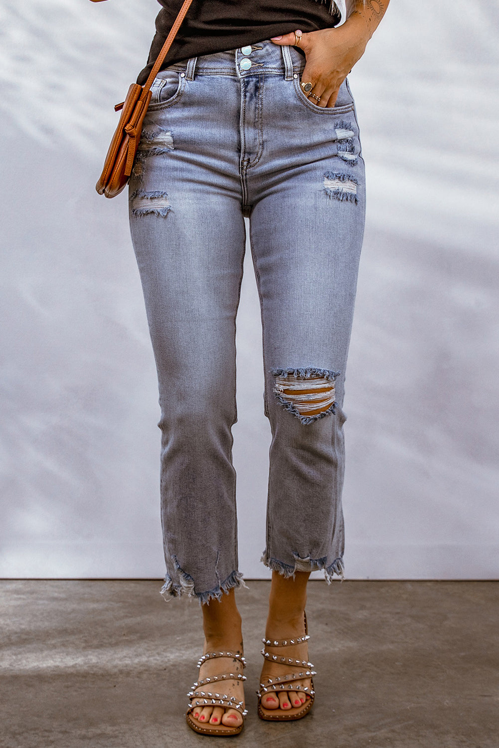 Sky Blue Distressed Raw Hem Buttoned Jeans