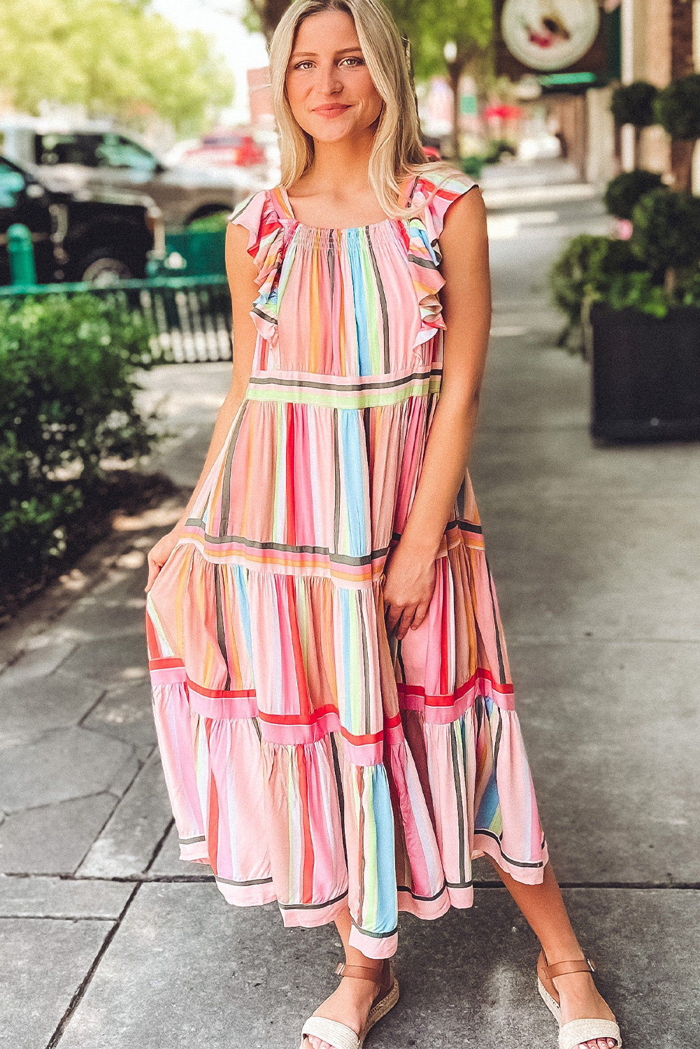 Women's Rainbow Stripe Ruffles Ruched Tiered Dress