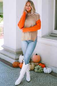 Clay Red Color Block Turtle Neck Drop Shoulder Knit Sweater