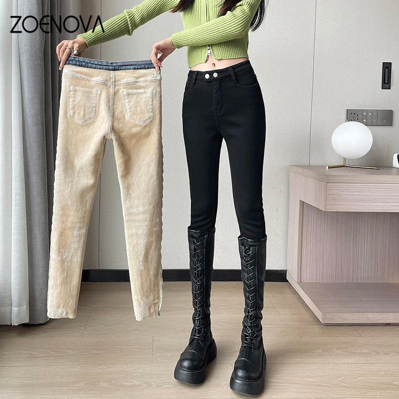 ZOENOVA 2024 Winter Thick Velvet Women Jeans High Waist Skinny Jeans Simple Fleece Warm Slim Stretch Casual Denim Pencil Pants