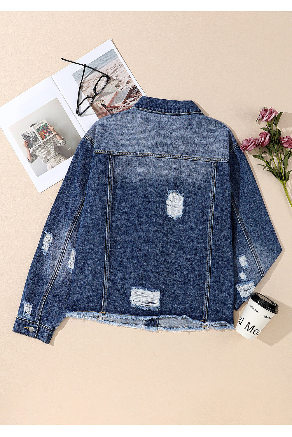 Dark Blue Plus Size Distressed Flap Pocket Denim Jacket