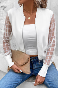 White Latticed Mesh Sleeve Zip Up Bomber Jacket