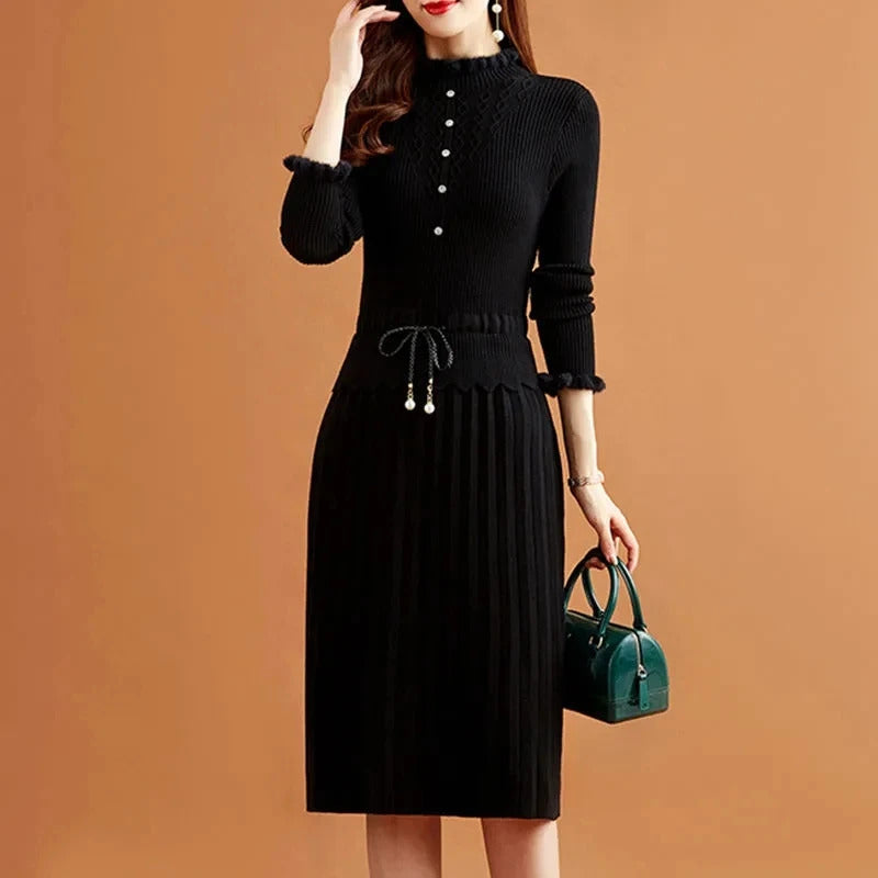 Pleated Knitted Dress Bottoming Sweater Dresses Fake Two Pieces Women Vintage Elegant Long Sleeve Fall Casual Slim Midi Vestidos