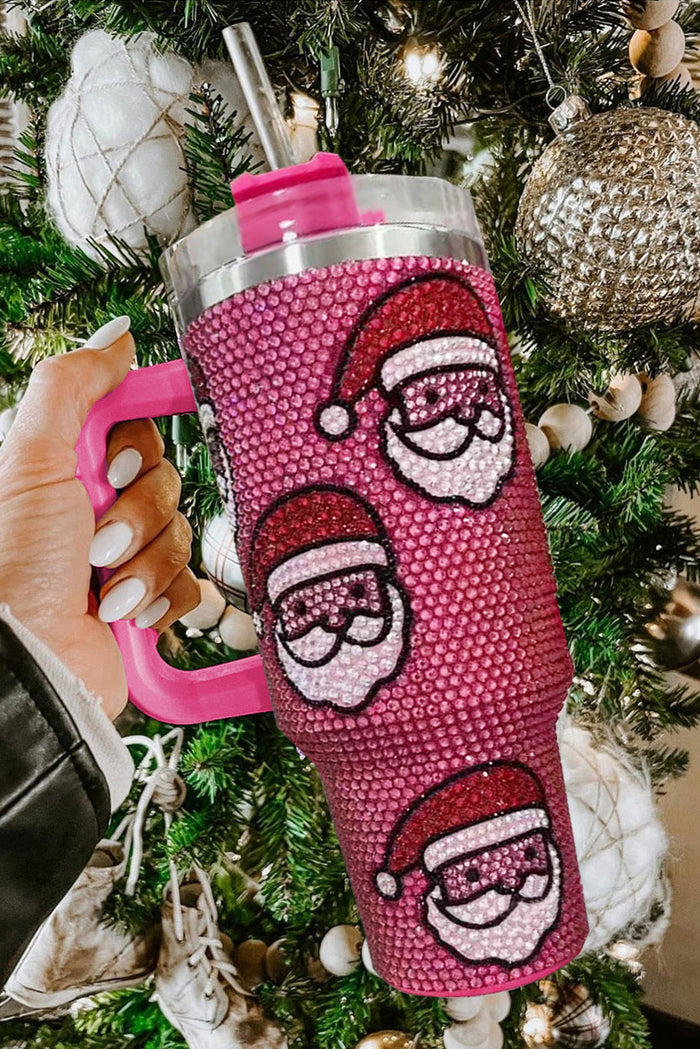 Rose Red Christmas Santa Claus Diamond Thermos Cup with Straw