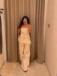 Casual Women Printing Dot Strapless Top Pants Suit Fashion Sleeveless Wide Legs Pant Slim Sets 2025 New Spring Outfit Streetwear