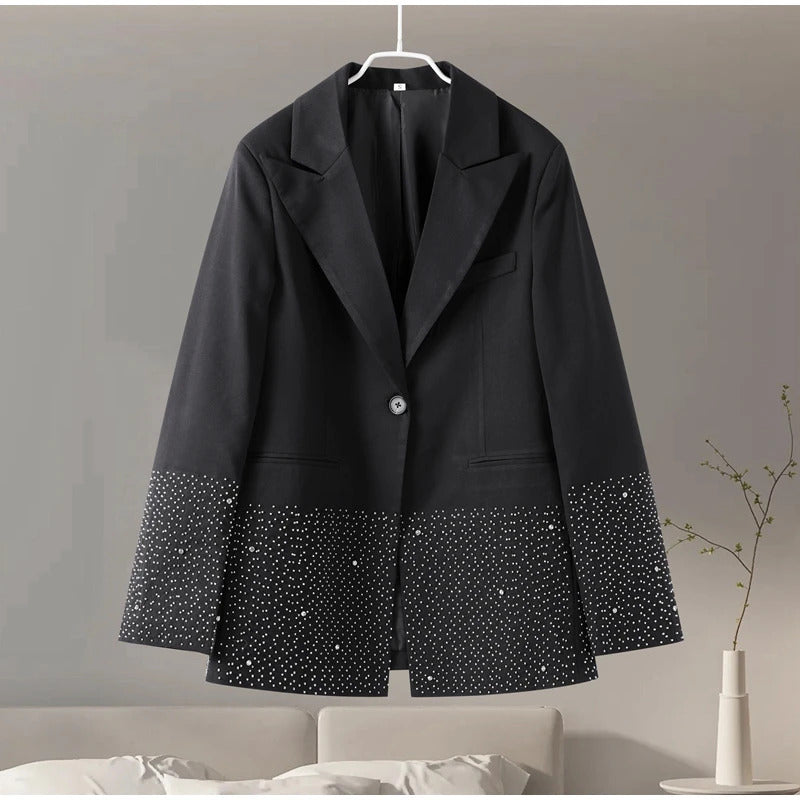 Fashion Rhinestone Blazer Shorts Sets Women Loose Lapel Full Sleeve Jacket Wide Leg Short Pants 2024 Autumn Lady Elegant Outfits