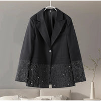 Fashion Rhinestone Blazer Shorts Sets Women Loose Lapel Full Sleeve Jacket Wide Leg Short Pants 2024 Autumn Lady Elegant Outfits