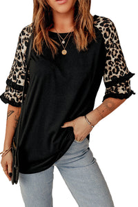 Blank Apparel - Black Ruffled Leopard Sleeve Patchwork Top