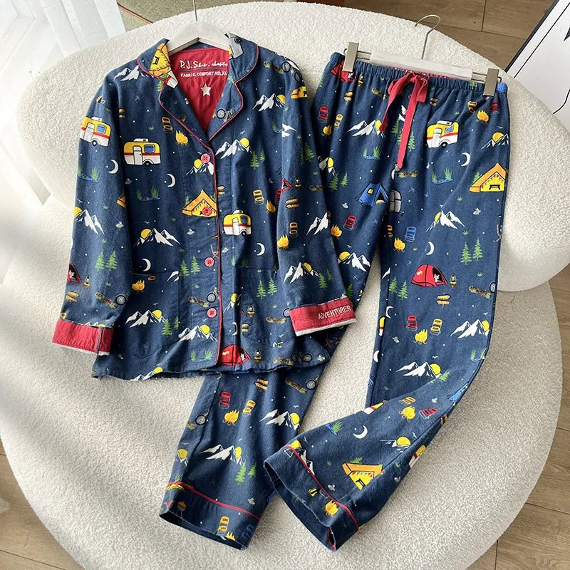 100% Cotton Pajamas for Women Loose Cartoon Long Sleeve Pants Loungewear Women 2 Piece Set Pj Women Outfit Sleepwear Set Pijamas