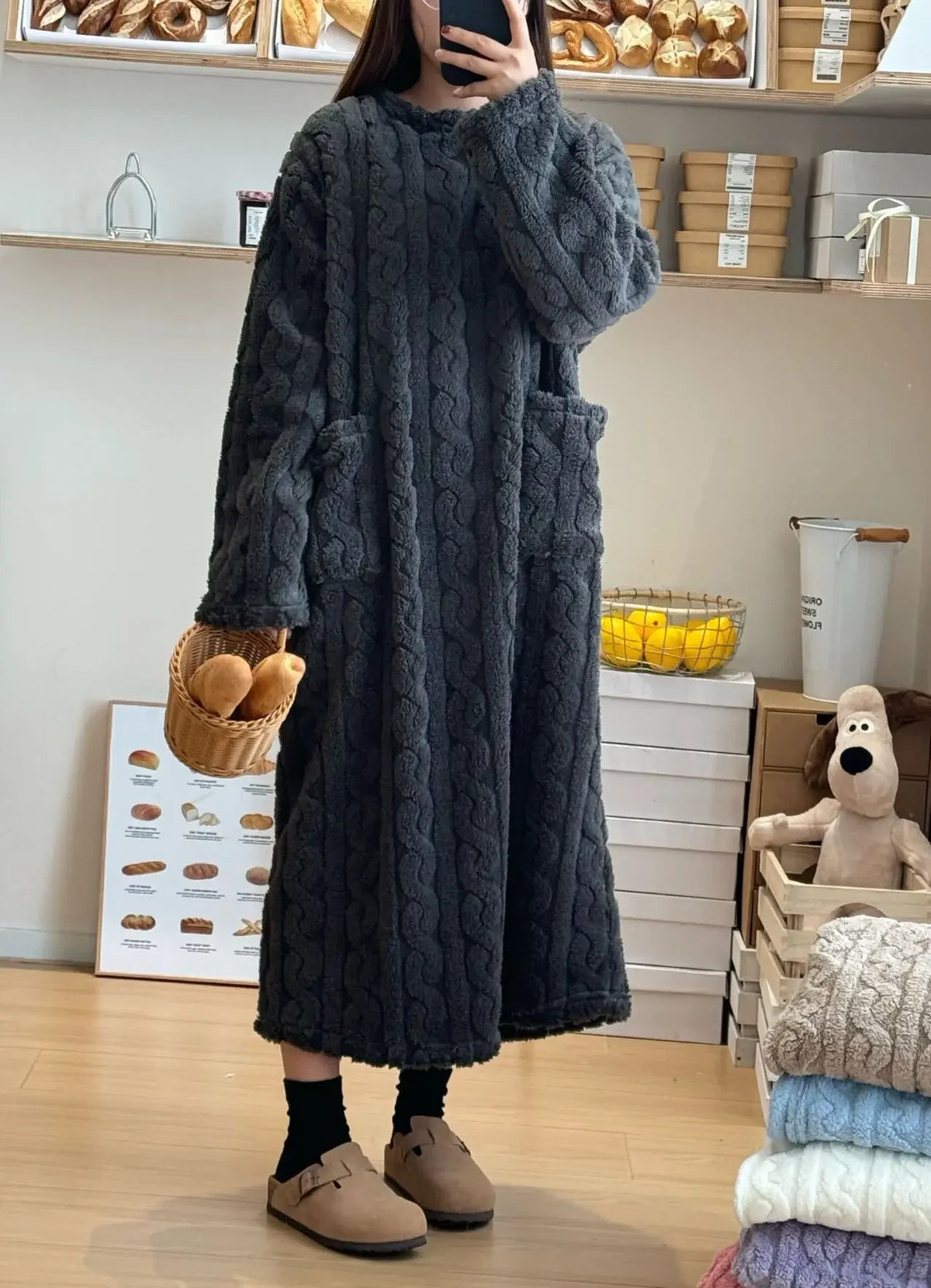 Winter Long Sleeve Double Pocket Flannel Nightgowns Women Loose Solid Sleepwear Jacquard Night Dress Thickened Warm Nightdress