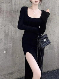 Sexy Side Slit Dress for Women Tight-fitting Wrap Hip Over-the-knee Long Sleeved Dresses Black Street Bodycon Spring Autumn