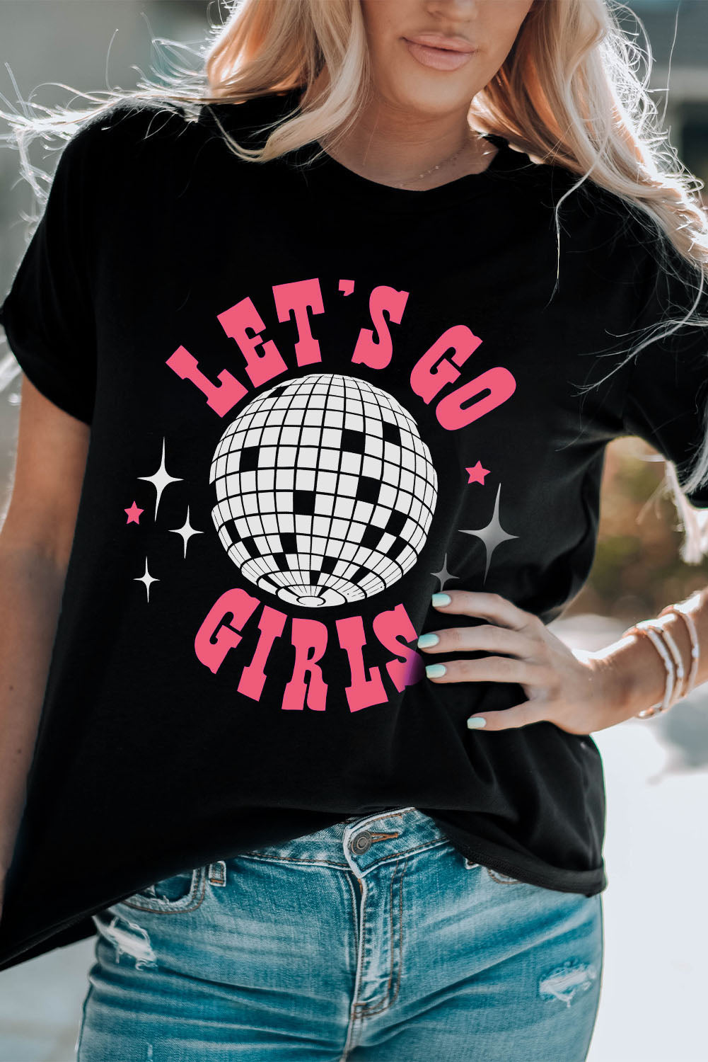 Black LET'S GO GIRLS Disco Ball Graphic Tee