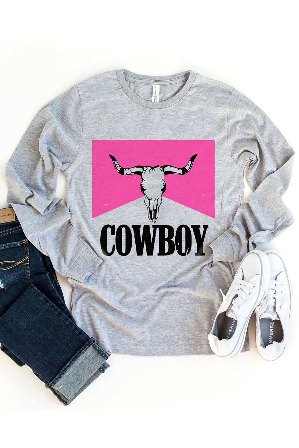 Gray COWBOY Steer Skull Graphic Long Sleeve Top