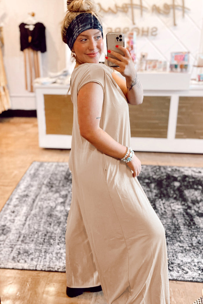 Light French Beige Cap Sleeve Round Neck Curvy Wide Leg Jumpsuit